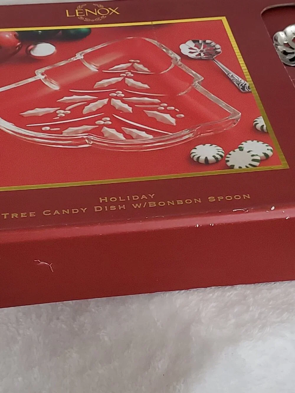 Lenox Crystal Holiday Tree Dish and Bonbon Spoon Set  Vintage in Box!